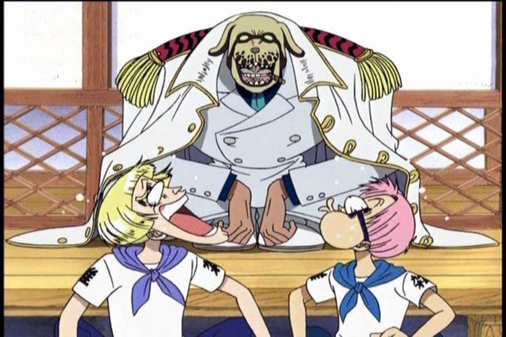 Garp training Coby and Helmeppo while disguised in a costume.