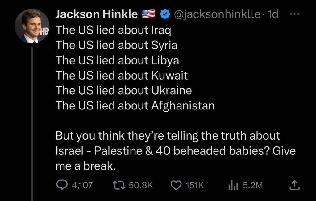 Jackson's twitter post on ongoing war