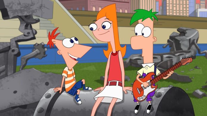 Phineas and ferb with their sister siting