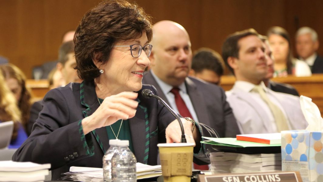 Susan Collins pictured while speaking on the mic
