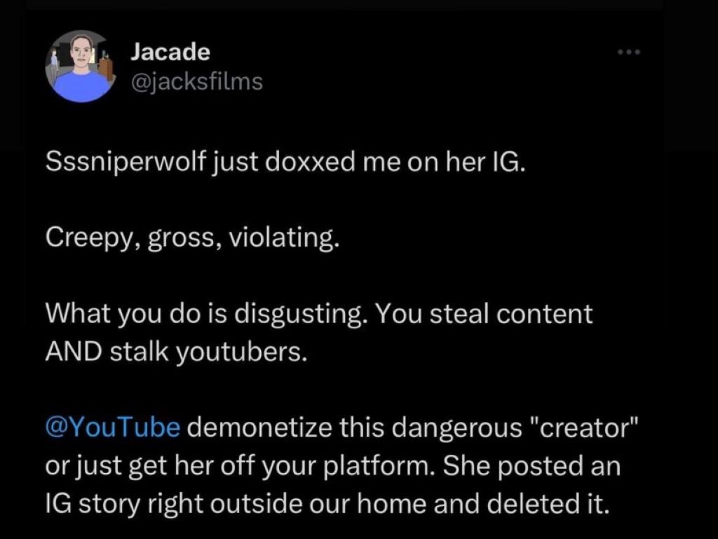 Jacksfilms twitter post on the recent controversy with SSSniperwolf.