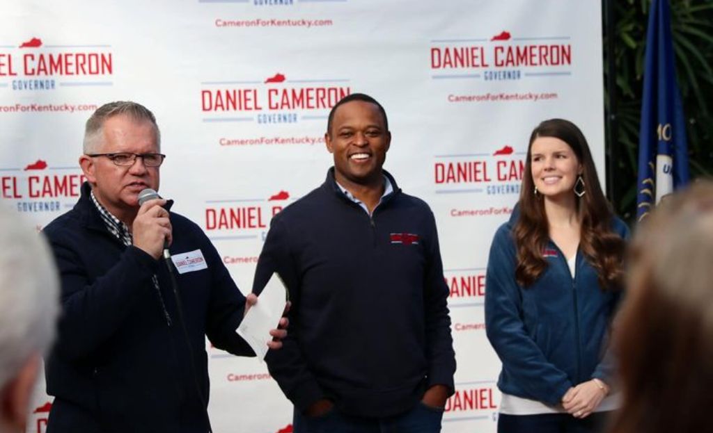 Daniel Cameron with his wife Makenze on election.