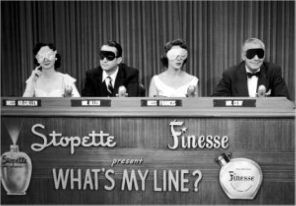 Four person with blindfolds on Whats My Line show on CBS Sundays (1960-1961)