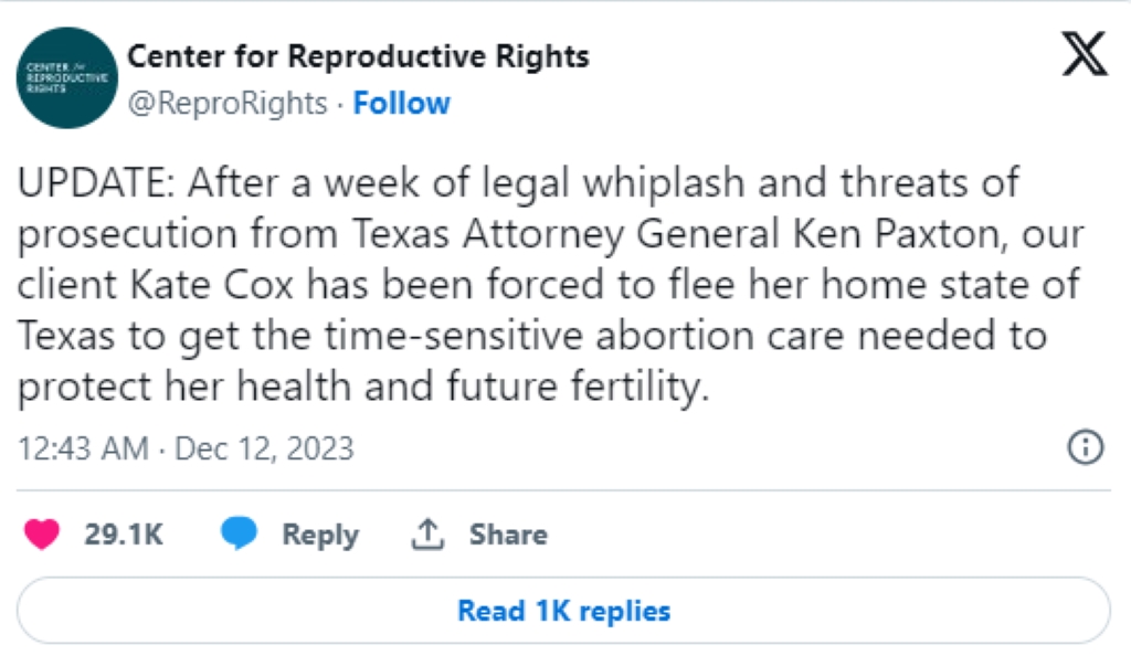 Centre for Reproductive rights tweeted after Kate Cox had to flee to next state for abortion care