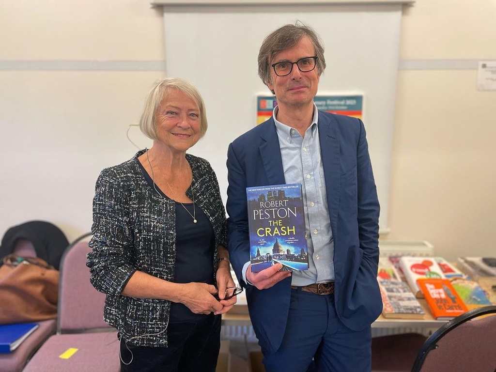 Robert Peston chatting with the legendary Kate Adie about The Crash at the Dorchester book festival