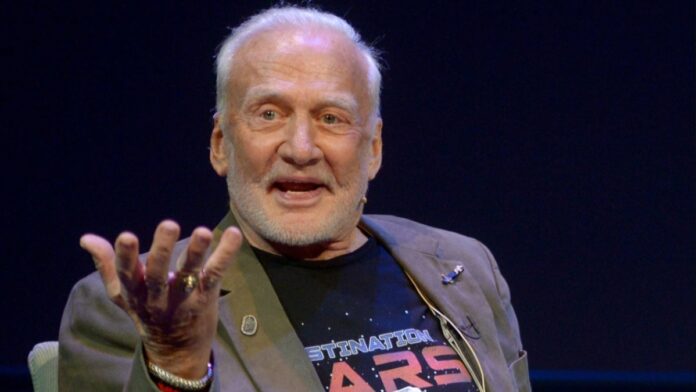 Buzz Aldrin talking to the audience