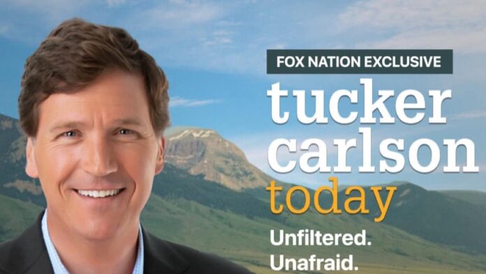 Tucker Carlson in black coat promoting Fox Nation Exclusive.