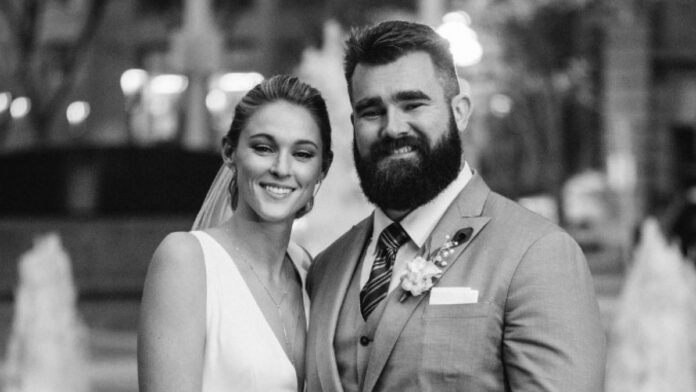 Kylie Kelce pictured with her husband on her wedding day