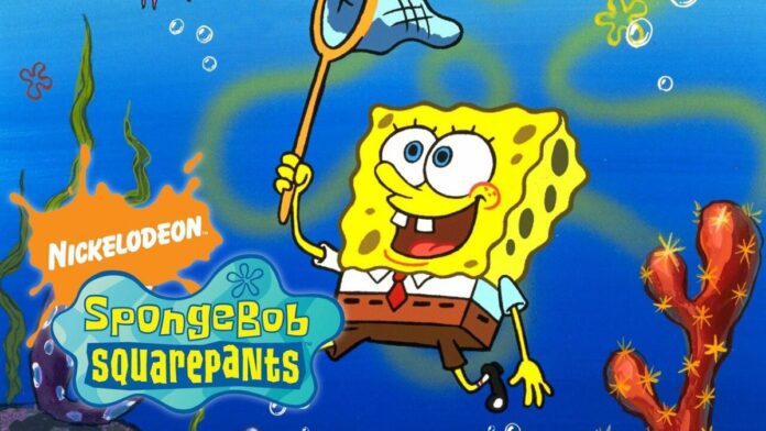 In the picture, SpongeBob is underwater, catching fish with a net.