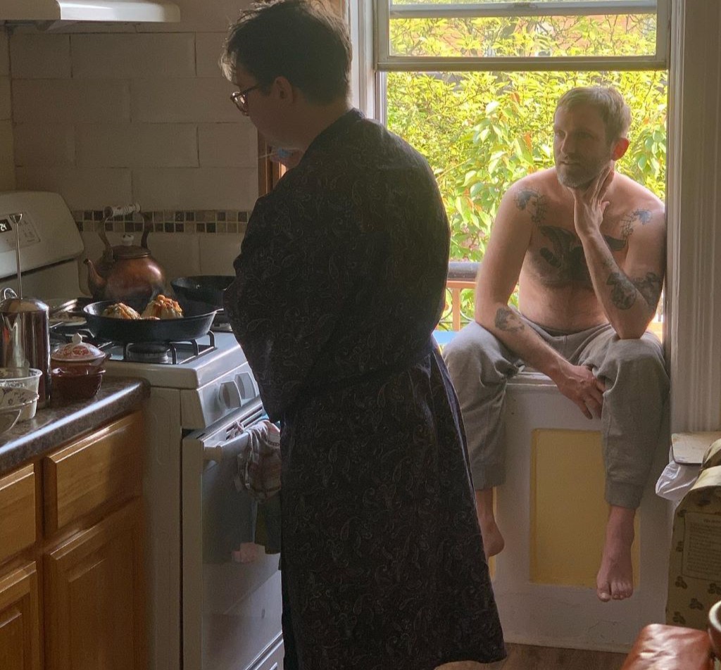 Stephen boyfriend staring at them while they cook